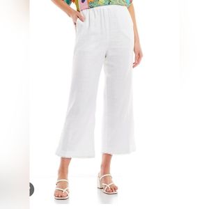 John Mark Linen Blend Wide Leg Dot Trim Pull-On Cropped Pants